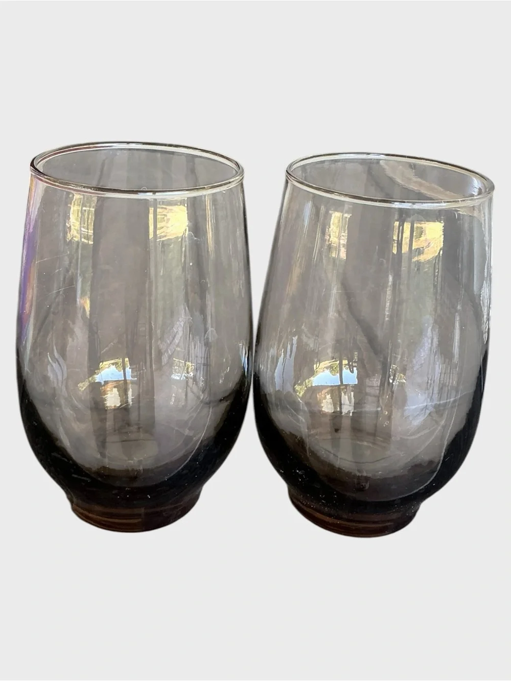Vintage Libbey Moonstone Smoky Gray Stemless Wine Glasses Set of 2 15.25 oz Pair